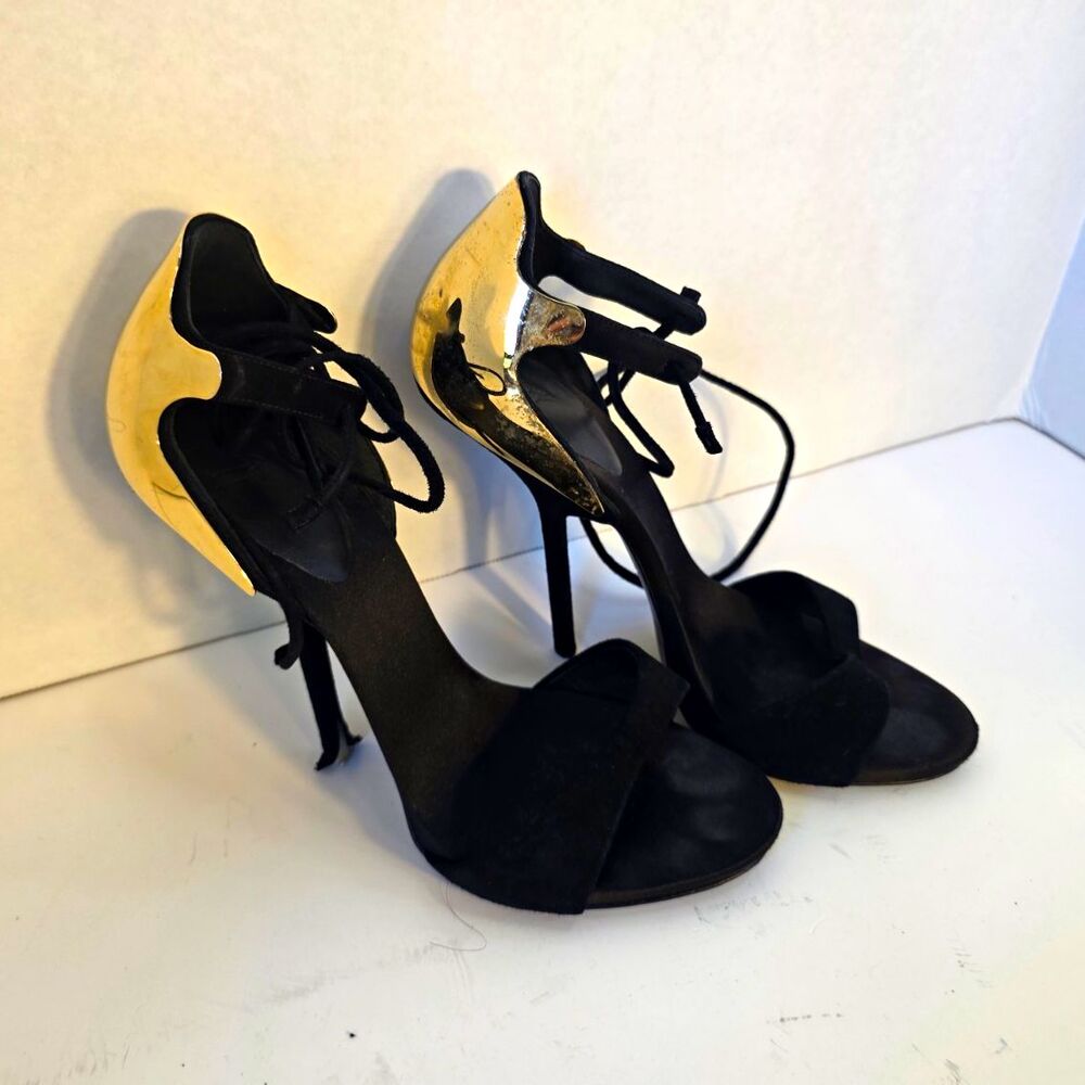 Giuseppe Zanotti Gold Metal Heel Shield Black Suede Stiletto Sandals EU 38.5 /